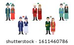 Set of 10 Central Asia men and women cartoon characters in traditional costume with flag, Kazakhstan, Kyrgyzstan,Tajikistan, Turkmenistan and Uzbekistan people vector 