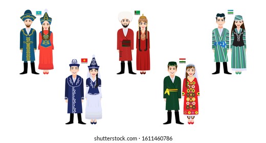 Set Of 10 Central Asia Men And Women Cartoon Characters In Traditional Costume With Flag, Kazakhstan, Kyrgyzstan,Tajikistan, Turkmenistan And Uzbekistan People Vector 