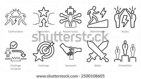 A set of 10 challenge icons as confrontation, contenders, resolve issues