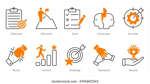 A set of 10 Challenge icons as objectives, overcome, exam