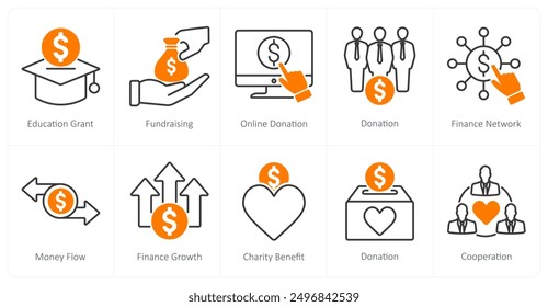 A set of 10 Charity and Donation icons as education grant, fundraising, online donation