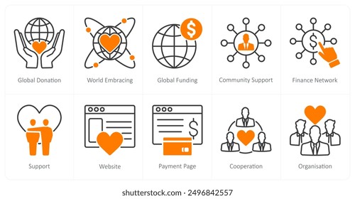 A set of 10 Charity and Donation icons as global donation, world embracing, global funding