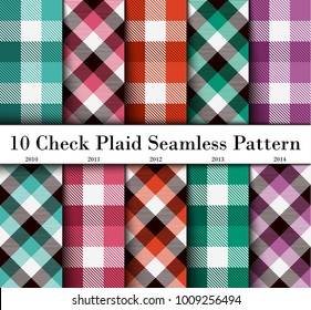 Set 10 Check Plaid Seamless Pattern in  Lime Green, Pink, Orange, Green and Violet. Template for Clothing Fabrics. Trendy Colors Palettes of  2010 - 2014 Season. Vector Illustration.