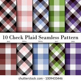 Set 10 Check Plaid Seamless Pattern in  Brown, Pink, Blue, Green and Purple. Template for Clothing Fabrics. Trendy Colors Palettes of  2015 - 2018 Season. Vector Illustration.
