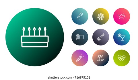 Set Of 10 Cheerful Outline Icons Set.Collection Of Pastry, Bow, Jester And Other Elements.