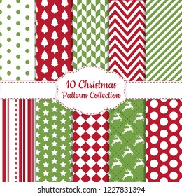 Set of 10 Christmas geometric backgrounds. Collection of seamless patterns with red, green and white colors. Vector illustration.