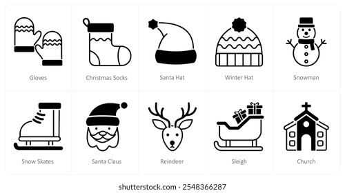 A set of 10 christmas icons as gloves, christmas socks, santa hat