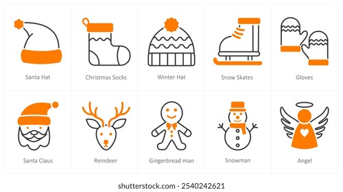 A set of 10 christmas icons as santa hat, christmas socks, winter hat