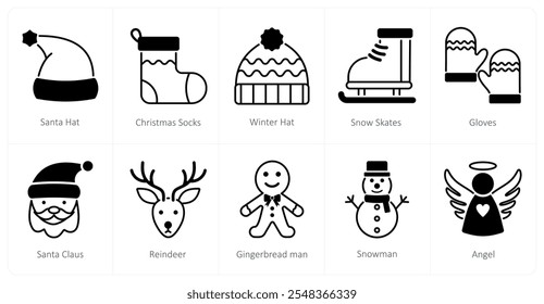 A set of 10 christmas icons as santa hat, christmas socks, winter hat