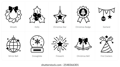 Un conjunto de 10 iconos de Navidad como corona, acebo, estrella de Navidad