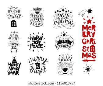 Set of 10 Christmas inscriptions with lettering .Happy New Year. Joy, love, peace. Merry and bright. From my home to yours. Time of wonders. Card. Winter. Scrap booking Greeting