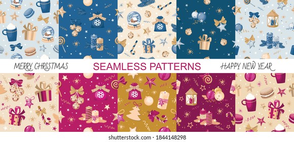 Set of 10 Christmas seamless patterns in blue, silver, gold and red colors with festive elements: stars, candles, streamers, bells, bows, fir branches, Christmas balls, candy cane. Vector, isolated.