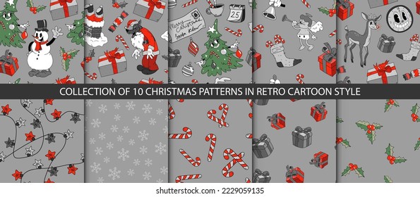 Set of 10 Christmas vector patterns with Happy New Year elements in retro cartoon style. Collection of holiday winter textures
