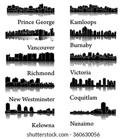 Set Of 10 City Silhouette In British Columbia, Canada ( Vancouver, Burnaby, Kelowna, Nanaimo, New Westminster, Richmond, Virginia, Coquitlam, Kamloops, Prince George )