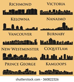 Set Of 10 City Silhouette In British Columbia, Canada ( Vancouver, Burnaby, Kelowna, Nanaimo, New Westminster, Richmond, Virginia, Coquitlam, Kamloops, Prince George )