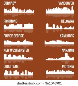 Set Of 10 City Silhouette In British Columbia, Canada ( Vancouver, Burnaby, Kelowna, Nanaimo, New Westminster, Richmond, Virginia, Coquitlam, Kamloops, Prince George )