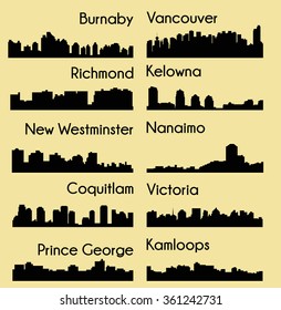 Set Of 10 City Silhouette In British Columbia, Canada ( Vancouver, Burnaby, Kelowna, Nanaimo, New Westminster, Richmond, Virginia, Coquitlam, Kamloops, Prince George )