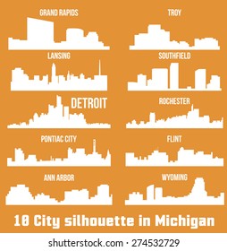 Set of 10 city silhouette in Michigan ( Rochester, Pontiac City, Detroit, Southfield, Lansing, Flint, Troy, Ann Arbor, Wyoming, Grand Rapids )