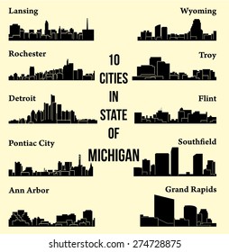 Set of 10 city silhouette in Michigan ( Rochester, Pontiac City, Detroit, Southfield, Lansing, Flint, Troy, Ann Arbor, Wyoming, Grand Rapids )