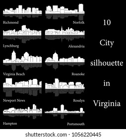 Set of 10 City Silhouette in Virginia ( Richmond, Norfolk, Roanoke, Rosslyn, Newport News, Alexandria, Portsmouth, Virginia Beach, Hampton, Lynchburg )