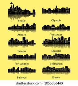 Set of 10 City Silhouette in Washington ( Seattle, Olympia, Auburn, Vancouver, Takoma, Spokane, Port Angeles, Bellingham, Bellevue, Everett )