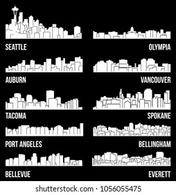 Set of 10 City Silhouette in Washington ( Seattle, Olympia, Auburn, Vancouver, Takoma, Spokane, Port Angeles, Bellingham, Bellevue, Everett ) svg