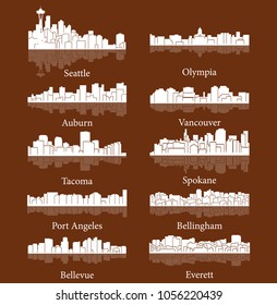 Set of 10 City Silhouette in Washington ( Seattle, Olympia, Auburn, Vancouver, Takoma, Spokane, Port Angeles, Bellingham, Bellevue, Everett )