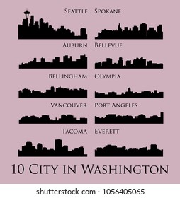 Set of 10 City Silhouette in Washington ( Seattle, Olympia, Auburn, Vancouver, Takoma, Spokane, Port Angeles, Bellingham, Bellevue, Everett )