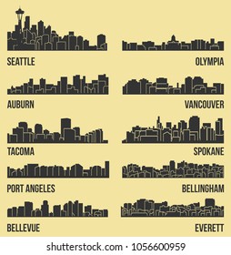 Set of 10 City Silhouette in Washington ( Seattle, Olympia, Auburn, Vancouver, Takoma, Spokane, Port Angeles, Bellingham, Bellevue, Everett )