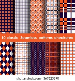 Set of 10 classic seamless checkered patterns. White, orange and blue colors
