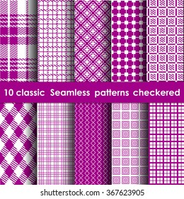 Set of 10 classic seamless checkered patterns. White and lilac patterns