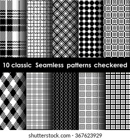 Set of 10 classic seamless checkered patterns. White and black colors