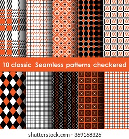 Set of 10 classic seamless checkered patterns. White, orange and black colors