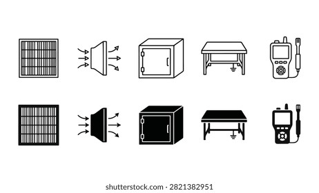 Set of 10 cleanroom icons featuring HEPA air filter, laminar flow vent, pass-through box, and particle counter vectors