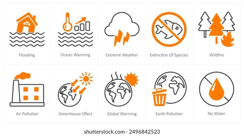 Un conjunto de 10 íconos del cambio climático como inundaciones, calentamiento del océano, Clima extremo