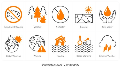 Un conjunto de 10 iconos del cambio climático como extinción de especies, incendios forestales, sin agua