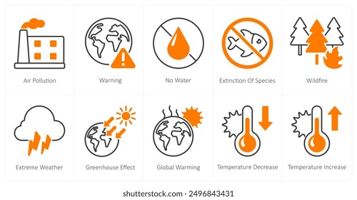 Un conjunto de 10 iconos del cambio climático como la contaminación del aire, advertencia, sin agua, extinción de especies