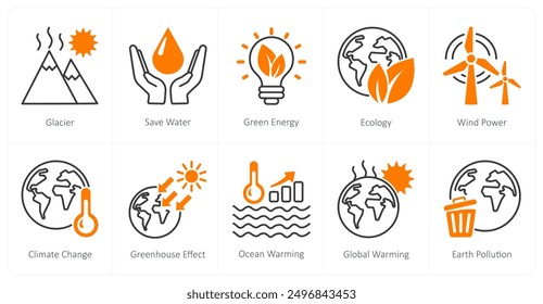 A set of 10 Climate Change icons as glacier, save water, green energy