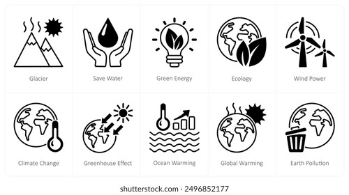 A set of 10 Climate Change icons as glacier, save water, green energy