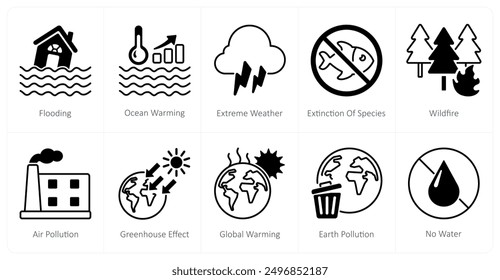 Un conjunto de 10 íconos del cambio climático como inundaciones, calentamiento del océano, Clima extremo