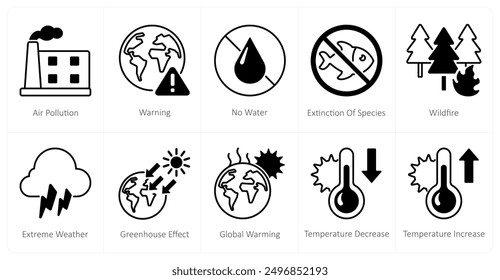 Un conjunto de 10 iconos del cambio climático como la contaminación del aire, advertencia, sin agua, extinción de especies