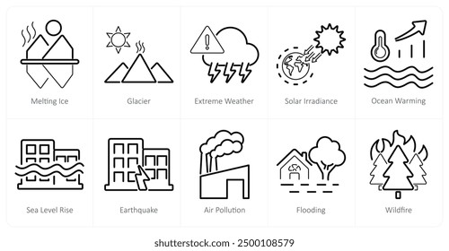 A set of 10 climate change icons as melting ice, glacier, extreme weather