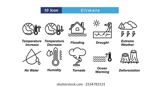 Un conjunto de 10 íconos del cambio climático como inundaciones, calentamiento del océano, sequía, sin agua, Clima extremo. perfectos para nosotros, Diseño web, impresión, App móviles, etc.