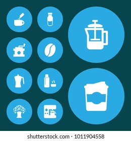 Set of 10 coffee icons set. Collection of package latte, coffee mill, paper box and other elements.