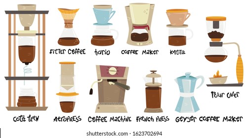 Set of 10 coffee makers for alternative methods of brewing. Aeropress, hario, pour over, geyser coffee maker, cold brew, french press, kalita, filter coffee, coffee machine.