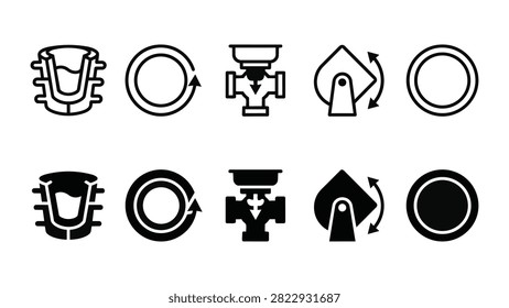 Set of 10 cold crucible induction melting icons showing cooled crucible, pour valve, and tilt actuator vector elements