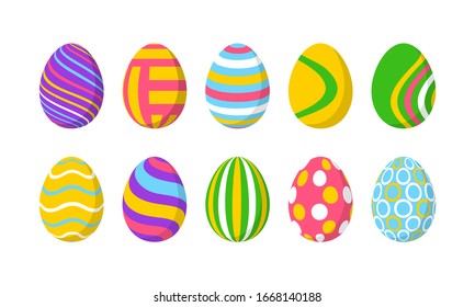 Set 10 color Easter Eggs and pattern  Design elements for holiday cards  Easter collection and different texture  Cartoon flat style Vector illustration