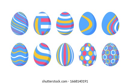 Set of 10 color Easter Eggs with pattern. Design elements for holiday cards. Easter collection with different texture. Cartoon flat style Vector illustration