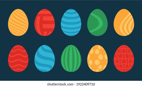 Conjunto de 10 colores de Huevos de Pascua con patrón. Elementos de diseño para tarjetas de vacaciones. Colección de Semana Santa con textura diferente. Dibujo con estilo plano de caricatura Ilustración vectorial