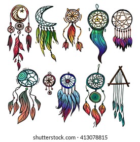 Set of 10 colored dreamcatchers. Hand drawn with ink dream catcher with feathers. Ethnic illustration, tribal, American Indians traditional symbol. Tribal theme.